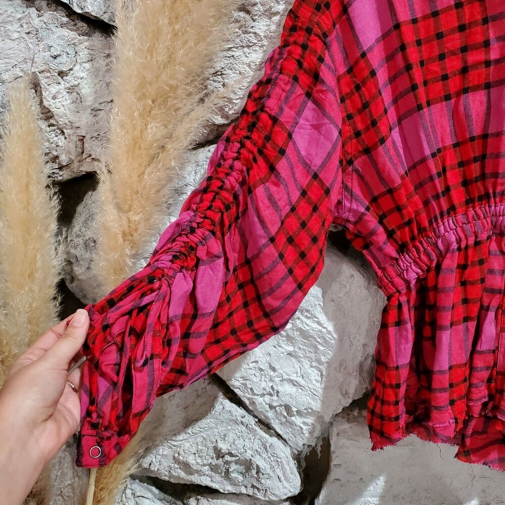 Free People Peplum Pacific Dawn Cinched Plaid Shirt Top Flannel XS New Women's - Picture 2 of 7